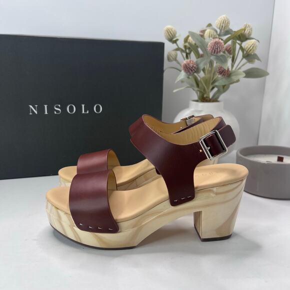 Nisolo Burgundy Leather Mules with Wooden Heel - Picture 3 of 13